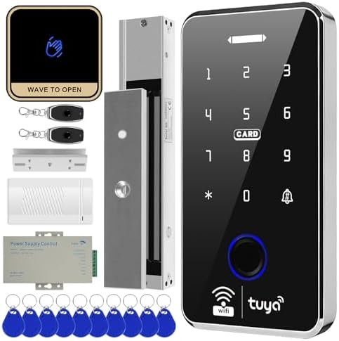 WiFi TUYA Security Access Control System Kit: Waterproof, Fingerprint, Password, RFID Keyboard Lock, 600lb Magnetic Lock +U Bracket, Smart Remote Door Opener, App WG26 Doorbell, Sensor Switch by XYBkey