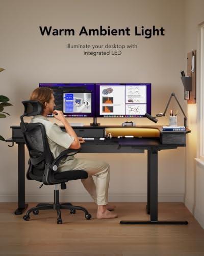 HUANUO 65″ L Shaped Standing Desk with 3 Drawers, Adjustable, Black - Image 6