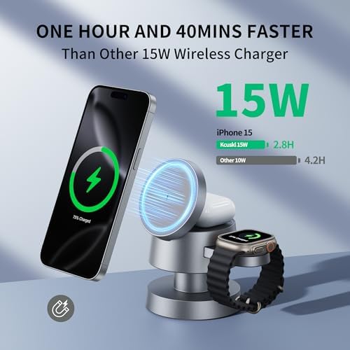 4 in 1 Magnetic Wireless Charging Station,15W Fast Charging with Night Light for MagSafe Charger Stand,3 in 1 Wireless Charger for iPhone 17/16/15/14/13Pro Max,Apple Watch&AirPods,Titanium Gray - Image 3