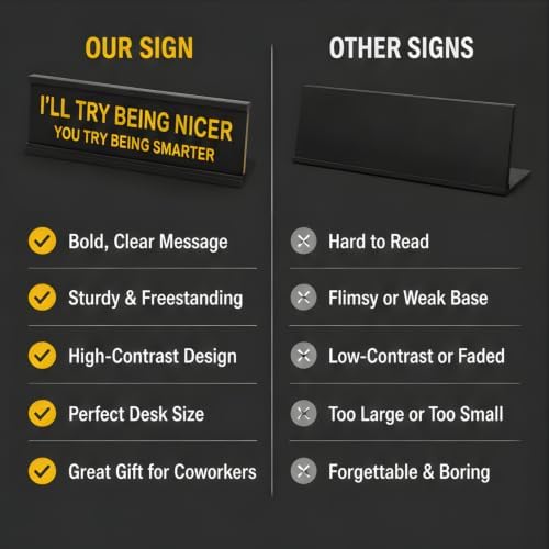 Funny Desk Sign for Office, Black Yellow Nameplate, Try Being Nicer - Image 5