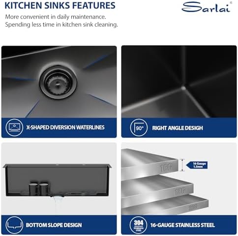 Sarlai 33 Matte Black Drop-In Kitchen Sink Workstation - 33x22 Inch Drop Kitchen Sink with Ledge NANO-Tech Black Topmount Round Corner 16 Gauge Stainless Steel Single Bowl Sinks Basin - Image 5