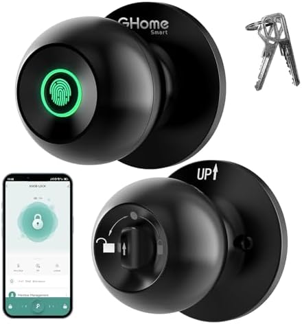 GHome Smart Fingerprint Door Lock, 3 in 1 Smart Fingerprint Door Knob with App Control & Key, Auto Lock, Biometric Thumbprint Door Locks for Bedroom, Garage, Home & Office by GhomeSmart