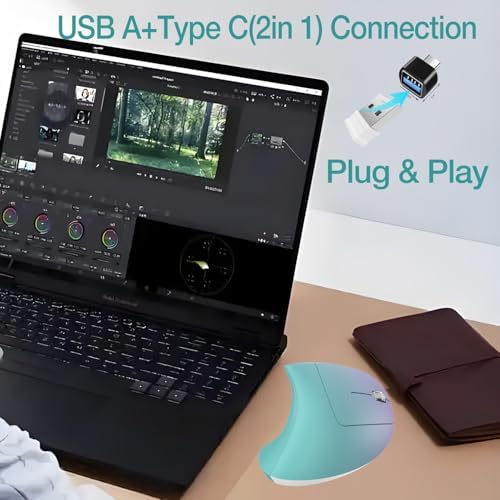 Vassink Ergonomic Wireless Rechargeable Mouse,USB A+TypeC(2in 1) Connection, 800/1200/1600 DPI, 6 Buttons,2.4GHz Carpal Tunnel Vertical Mice, for Laptop, Desktop,MacBook - Image 4