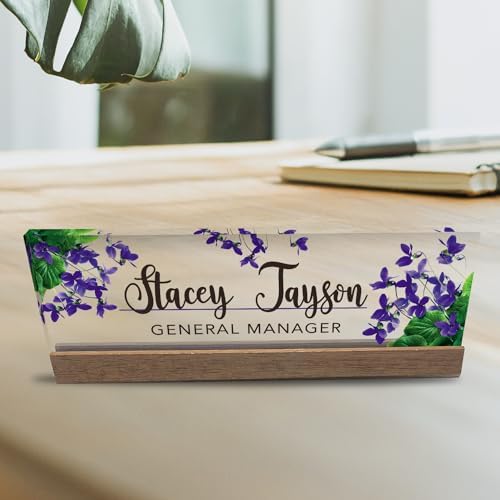 Artblox Personalized Office Desk Name Plate and Business Card Holder | Clear Acrylic Glass with Teak Wood Stand | Violets Flowers Design Customized with Your Name and Credentials Office Desk Décor - Image 6