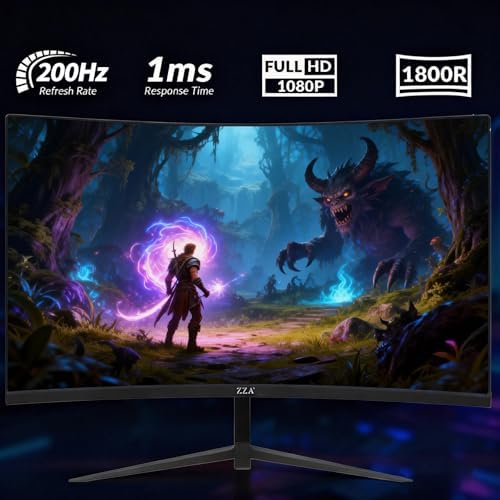 ZZA 27 Inch Gaming Monitor, 180Hz-200Hz Curved Monitor,VA PC Monitor,Full HD 1920x1080/180Hz Refresh Rate, 1ms Response, 100% sRGB, 1080p Resolution,FreeSync,VESA Mountable,DP 1.4 & HDMI 2.0 Ports - Image 3