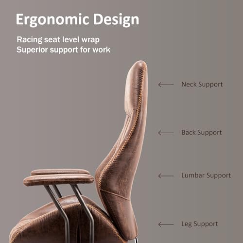 High Back Home Office Chair, Mid Century Vintage Executive Chair,Comfy Ergonomic Rolling Office Task Chair with Lumbar Support,Brown Faux Leather Office Chair,Dark Brown - Image 3