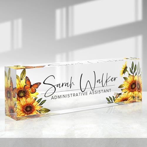 Custom Name Plate for Desk - Desk Name Plate Personalized - Acrylic Office Desk Accessories - Appreciation Gifts for Coworkers Employee Teacher Staff Boss - Office Decor for Women Men (Sunflowers A) by Purdicra