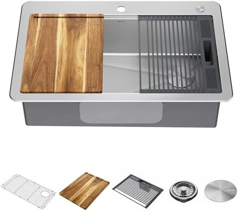 DELTA FAUCET 95A932-33S-SS Lorelai Workstation Kitchen Sink Drop-in Top Mount Stainless Steel Single Bowl with WorkFlow Ledge and Chef’s Kit of 5 Accessories by Unknown