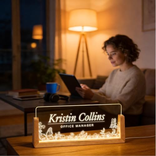 Personalized Light Up Acrylic Desk Name Plate - Custom Name Plate for Desk with Walnut Wood Base - Appreciation Office Gifts for Employees, Teacher, Social Worker (Butterfly) - Image 4