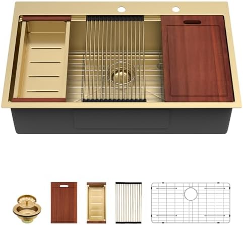 Sarlai Gold Drop In Kitchen Sink Workstation Topmount 36x22 Inch Sinks by Sarlai