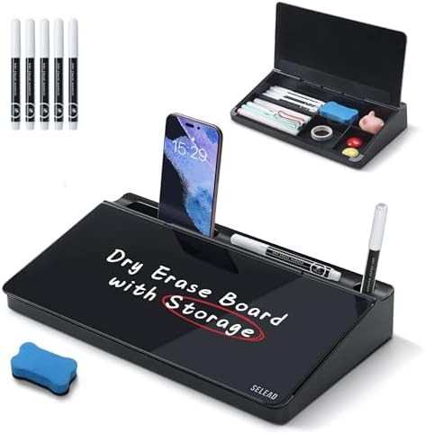 SELEAD Desktop Glass Whiteboard with Storage, 5 Markers and 1 Eraser, Black by SELEAD