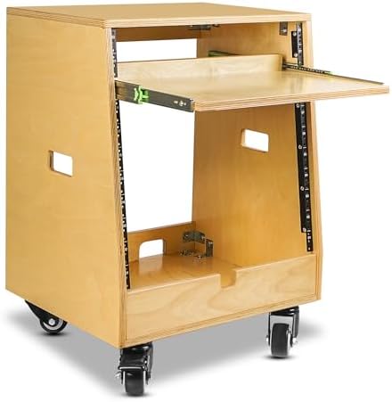 Sound Town DIY Slanted 10U Studio Rack (2U Top + 8U Lower), with 2U Bottom Storage, Slide-Out Tray, Caster, Plywood, Golden Oak For Recording Room, Home Studio (SDRK-ST10T) by SOUNDTOWN