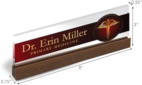 Artblox Personalized Office Desk Name Plate and Business Card Holder | Clear Acrylic Glass with Teak Wood Stand | Doctor Design Customized with Your Name and Credentials Office Desk Decor - Image 3