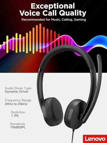 Lenovo 115 USB-A/USB-C Wired Stereo Headset – Lightweight, Noise-Cancelling, in-Line Control Box, USB-A to USB-C Adapter, Over-Ear Design, Headset with Mic for PC and Laptop, Black - Image 2