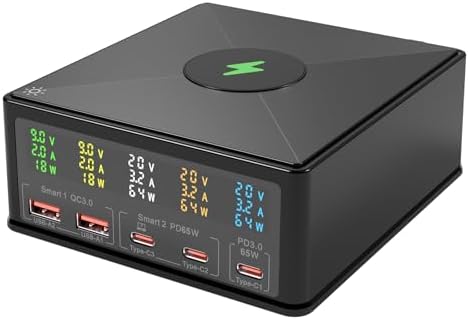 160W Desktop Charger Station with Wireless Charging Pad & Per-Port Display by PEAKINGTECH
