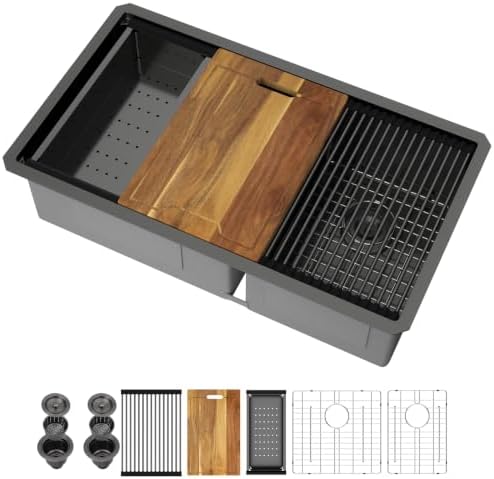 33 Black Undermount Kitchen Sink Double Bowl Workstation 60/40 Low Divide by Kichae