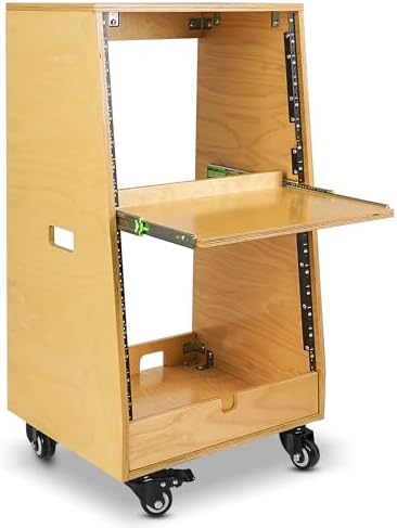 Sound Town DIY Slanted 16U Studio Rack (8U Top + 8U Lower), with 2U Bottom Storage, Slide-Out Tray, Caster, Plywood, Golden Oak for Recording Room, Home Studio (SDRK-ST16T) by SOUNDTOWN