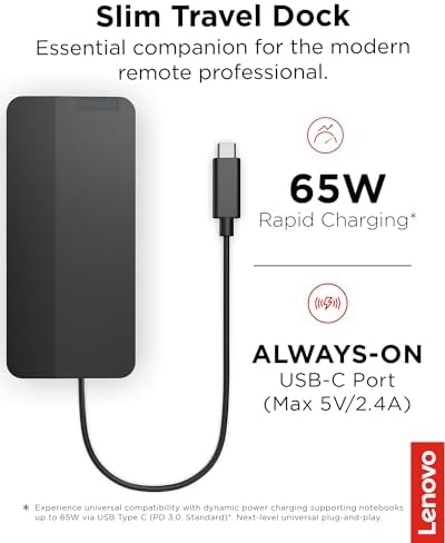 Lenovo USB-C Slim Travel Dock, 8 Ports, Up to 65W PD Pass Through, Integrated USB-C Cable, 4K Display Support, Black - Image 2