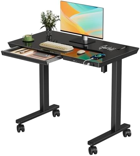 35" Electric Standing Desk with Drawer, One-Piece Glass Top by JYLHJOYSEEKER