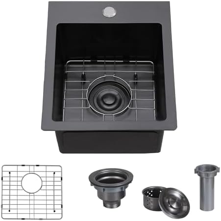 VAPSINT 13x15 Inch Black Drop In Bar Sink, Single Bowl Top Mount Handmade Gunmetal Black Wet Bar Prep RV Sink, 16 Guage Stainless Steel Outdoor Small Kitchen Sinks with Grid & Drain Strainer by VAPSINT