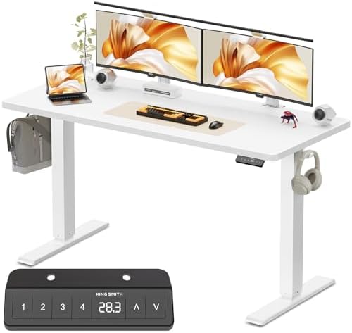 WALKINGDESK 48x24 Inches Height Adjustable Electric Standing Desk with 2 Hooks for Home Office, Ergonomic Sit Stand up Desk with Splice Board, White by WALKINGDESK