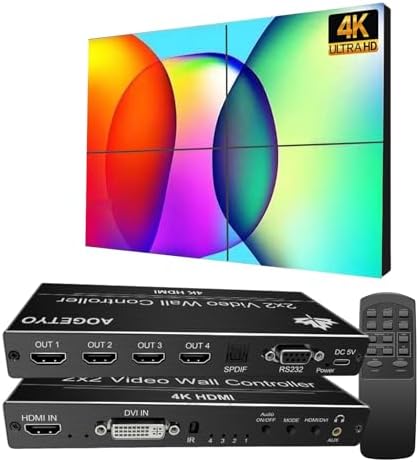 Video Wall Controller2x2 4k,HDMI & DVI 4k Input Makes 4 TV Screens Into 1 Video Wall Display, 180° Rotate, Extra Audio, IR Remote &RS232+Button Press, Video Wall Controller 1x2,1x3,1x4,2x1,3x1x4x1 by AOGETYO