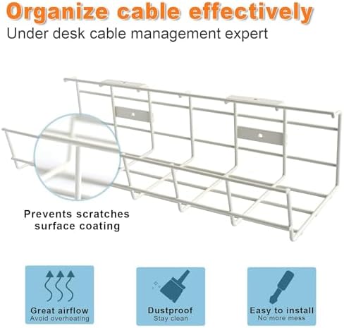 Under Desk Cable Management- 1 Pack Cord Organizer. Metal Wire Cable Management Tray for Office, Studio and Home. Super Sturdy Under Table Cable Management - White Cable Organizer - Image 5