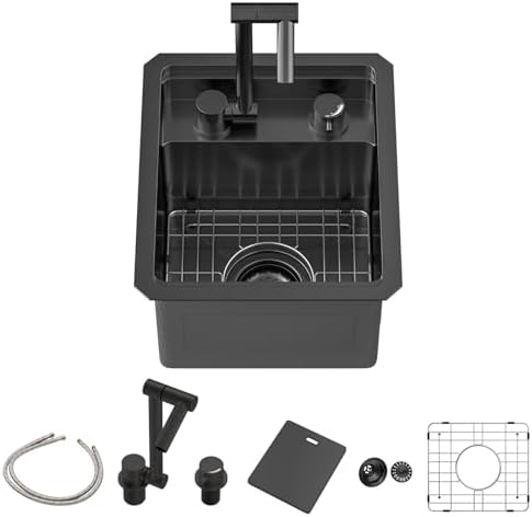 Sarlai Black Undermount Bar Sink With Foldable Faucet - 13x15 Inch Outdoor Black Kitchen Sink RV Workstation 16 Gauge Stainless Steel Single Bowl Handmade Outdoor BBQ Sinks with Lid by Sarlai