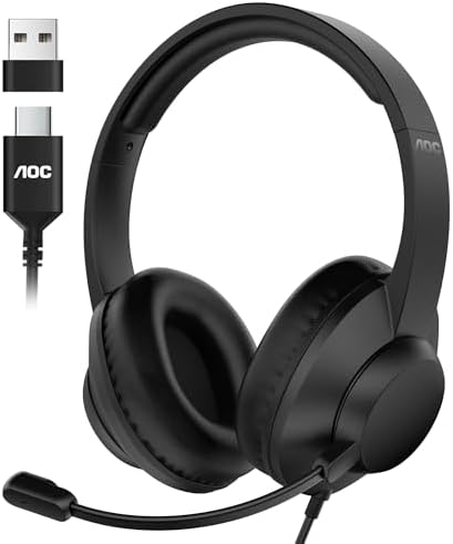 AOC USB Headset with Microphone for PC, Over-Ear Wired Headphones with Mic, Noise-Cancelling Boom, 40mm Audio Drivers, USB-A/C Compatibility for Office, Call Centers & Online Meetings (Black) by AOC