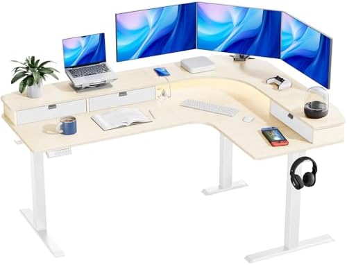 HUANUO 65″ L Shaped Standing Desk with 3 Drawers, Adjustable, Natural Wood by HUANUO