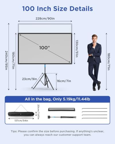 Projector Screen with Stand, 100 Inch Portable Projector Screen Outdoor Indoor, 1.5 Gain Fiberglass Projection Screen, 4K Ultra HD 16:9 Outdoor Movie PVC Screen for Movie Night (Grey Screen) - Image 3