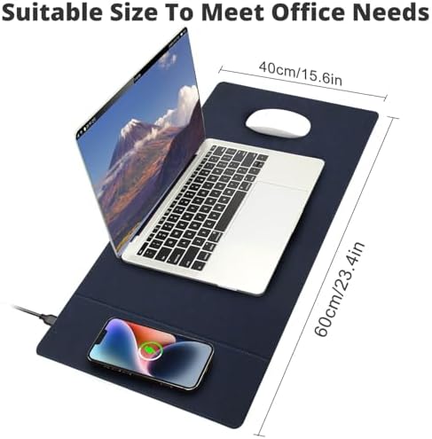 Magnetic Wireless Charging Desk Mat, 23.4''x15.6'' Large Office Mouse Pad, Microfiber Leather Mouse Mat with Ultra-Smooth Surface, Waterproof Computer Keyboard Desk Mat for Office & Home, Laptop, Blue - Image 4