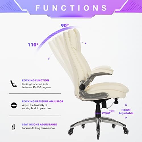 COLAMY Ivory Leather High Back Executive Office Chair Set of 2, Ergonomic Desk Chair with Flip-up Arms, Thick Cushion, Silent Nylon Wheels, Adjustable Height & Rocking Function, 300lbs Capacity - Image 4