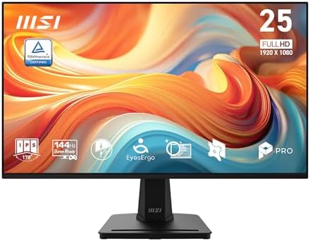 msi PRO MP251 E14L 24.5-inch IPS 1920 x 1080 (FHD) Computer Office Monitor, 144Hz, Free-Sync, HDR Ready, HDMI, VGA Port,VESA Mountable, Tilt, 4-Side Slim Bezel,1ms, Black by Unknown