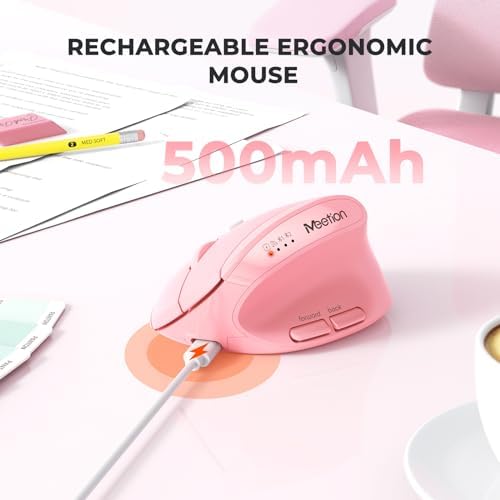 MEETION Ergonomic Vertical Mouse, Wireless Bluetooth Mouse - Pink - Image 5