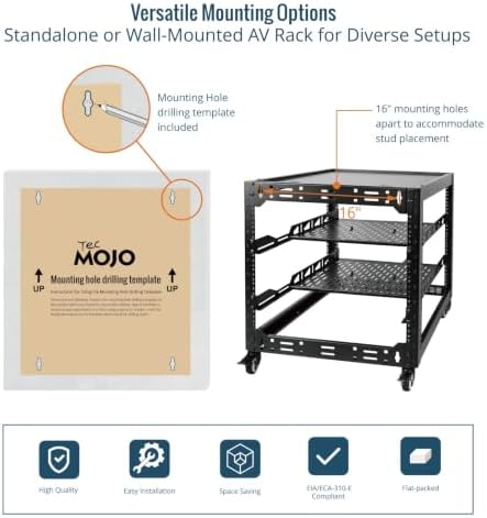 TECMOJO 12U Open Frame Network Rack for IT & AV Gear, 4-Post With Casters, Mobile With 2 PCS 1U Server Shelf & Mounting Hardware, for 19" Network, Audio and Video Device - Image 5