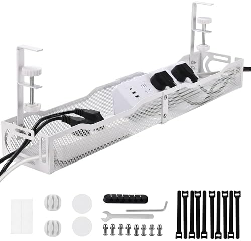 Under Desk Cable Management Box 25.3 Inch – Clamp-Mounted Cable Organizer Tray, Large Cord Management Box for Office & Home, Wire Organizer Under Desk Storage, White by QUELIEN