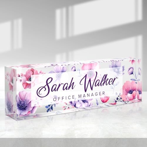 Custom Name Plate for Desk - Desk Name Plate Personalized - Acrylic Office Desk Accessories - Appreciation Gifts for Coworkers Employee Teacher Staff Boss - Office Decor for Women (Purple Flowers D) by Purdicra