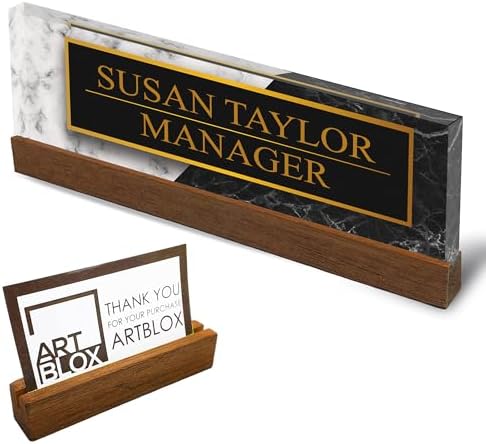 Artblox Personalized Office Desk Name Plate and Business Card Holder | Clear Acrylic Glass with Teak Wood Stand | Black White Marble Design Customized with Your Name and Credentials Office Desk Decor by Artblox