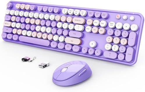 SkyGive Wireless Keyboard and Mouse Combo, Ergonomic Full Size Typewriter Retro Round Keycaps Keyboard, Compatible with Windows, PC, Perfer for Home and Office Keyboards (Lavender Purple by SkyGive