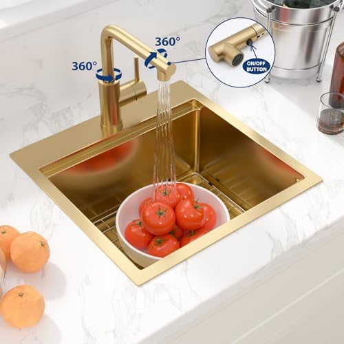 Sarlai Drop Bar Sink - 18 Inch Gold Outdoor Kitchen Sink with Pull-out Faucet Gold Drop In Workstation 18 x 18 Topmount Stainless Steel 16 Gauge Single Bowl Bar Prep RV Outdoor Sinks Basin - Image 5