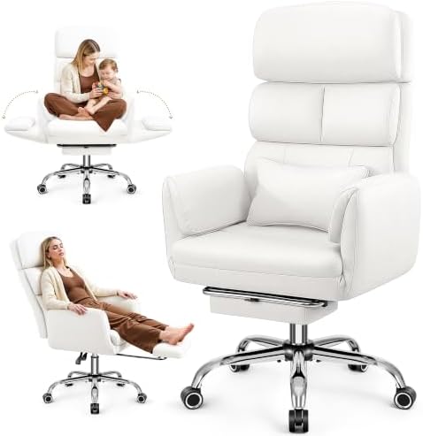 Big and Tall Office Chair 500LBS, Ergonomic High Back Leather Executive Chair, Reclining Swivel with Adjustable Armrests Lumbar Support Footrest, Cross Legged, White by BestEra