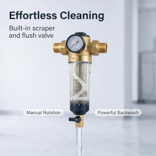 Upgraded Brass Spin Down Sediment Water Filter with Pressure Gauge, NPT3/4,50/100/200 Micron SS Mesh, pre Filter for City Water & Well Water, Low Pressure Drop, Self-Cleaning Scraper Ring - Image 4