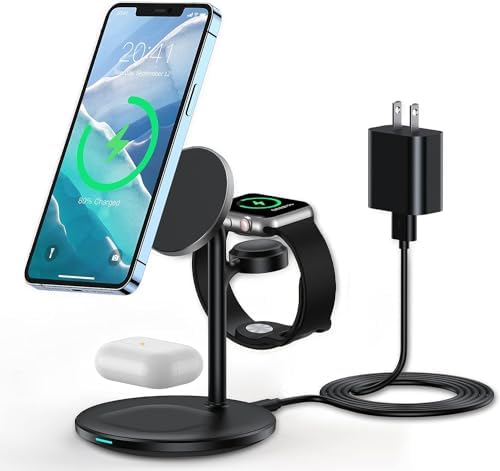 XooFly 3 in 1 Wireless Charging Station for Apple Devices, 15W Fast Wireless Mag-Safe Charger Stand with 20W Adapter for iPhone 17 16 15 14 13 12 Pro Max/Air/Plus/Pro, iWatch, AirPods (Black) by XooFly
