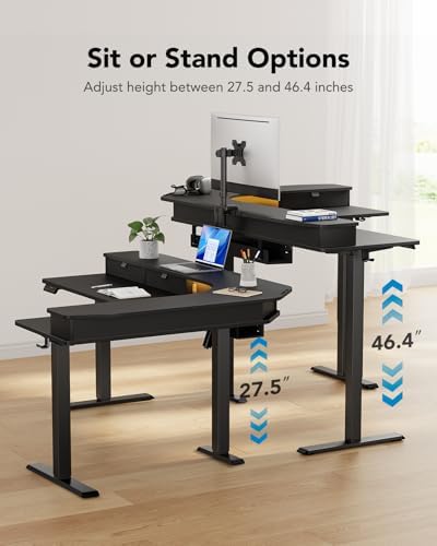 HUANUO 65″ L Shaped Standing Desk with 3 Drawers, Adjustable, Black - Image 3