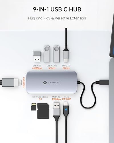 USB C Hub, 9 in 1 USB C Multiport Adapter with 4K@60Hz HDMI, 5 USB Ports, 100W PD, SD/TF USB C Adapter, USB C to HDMI Adapter, USB C Dock for MacBook Pro/Air, HP, DELL, Lenovo, ASUS Laptops NOVOO - Image 2