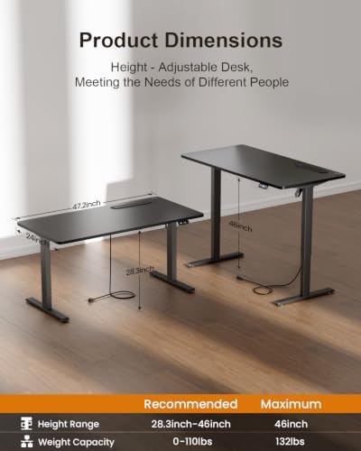 HLDIRECT 47" Electric Standing Desk with Power Outlets, Black - Image 3