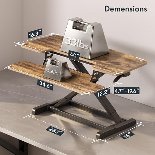 FLEXISPOT Standing Desk Converter 40" Wide Desk Riser for Multi-Device, Large Desktop Sit Stand Workstation for Dual Monitors, Ergonomic Height Adjustable Stand Up Desk Riser, Rustic Brown - Image 3