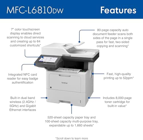 Brother MFC-L6810DW Enterprise Monochrome Laser All-in-One Printer, Large Paper Capacity, Wireless Networking, Advanced Security Features, and Duplex Print, Scan, and Copy, Works with Alexa - Image 3