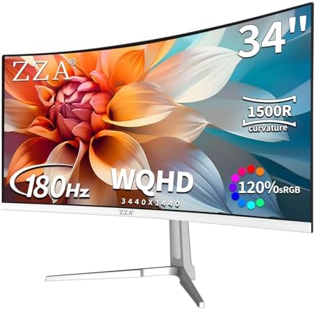 ZZA 34'' Gaming Monitor-165Hz/180Hz WQHD (3440x1440P) Ultrawide 34 White Curved Monitor,FreeSync for Tear-Free Gaming,120% sRGB, HDMI 2.1 & DP 1.4,PBP Mode,Wall Mountable by ZZA